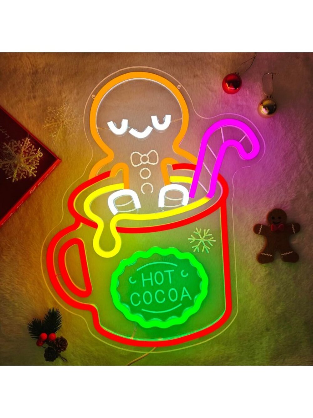 Dimmable Gingerbread Man Neon Sign | Hot Cocoa & Candy Cane LED Wall Decor